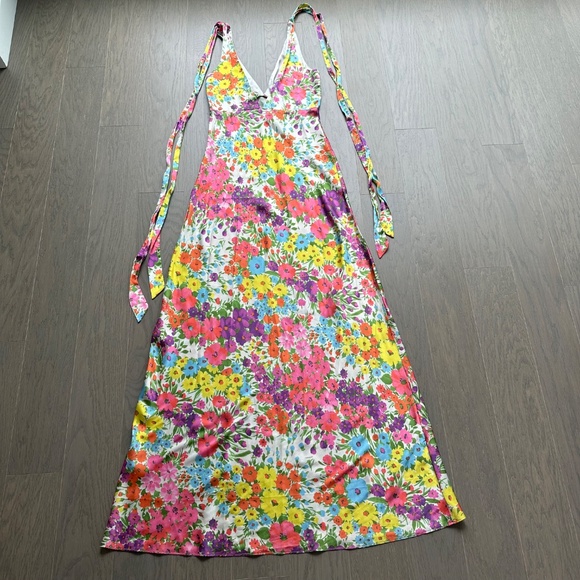 Les Reveries Floral Flower Satin Maxi Dress Gown Tie Shoulder Bow - Size 2 - Picture 3 of 13